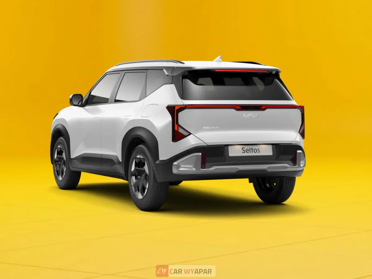 Rear three-quarter view of a white Kia Seltos HTK variant on a yellow background, showing the taillight design and roof rails.